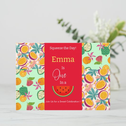 Eén in een Melon First Birthday Uitnodiging (Staand voorkant)