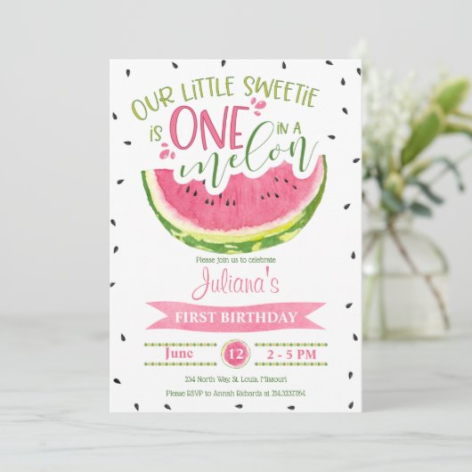 Eén in een Melon First Birthday Uitnodiging (Staand voorkant)
