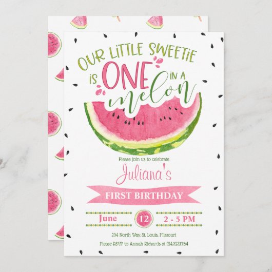 Eén in een Melon First Birthday Uitnodiging (Voorkant / Achterkant)