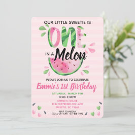 Een in een Melon Little Girl First Birthday Invite Kaart