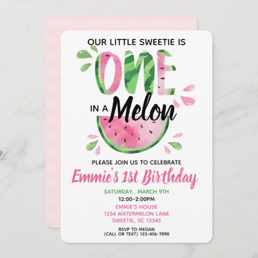 Een in een Melon Little Girl First Birthday Invite Kaart (Voorkant / Achterkant)