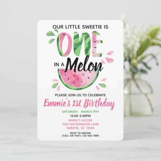 Een in een Melon Little Girl First Birthday Invite Kaart (Staand voorkant)
