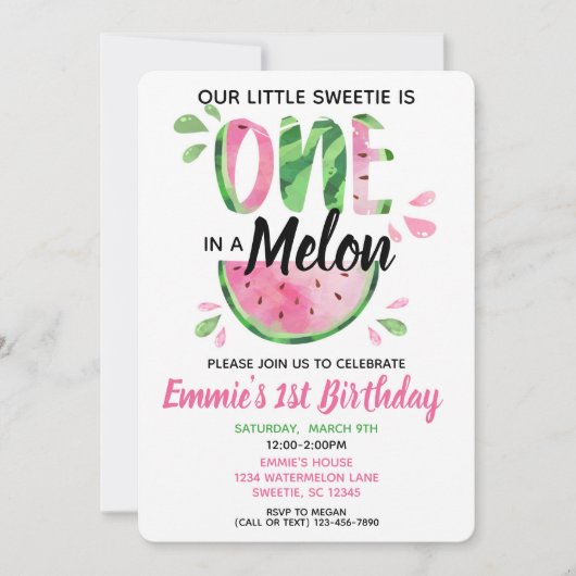 Een in een Melon Little Girl First Birthday Invite Kaart (Voorkant)