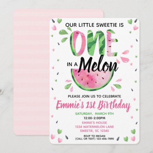 Een in een Melon Little Girl First Birthday Invite Kaart (Voorkant / Achterkant)