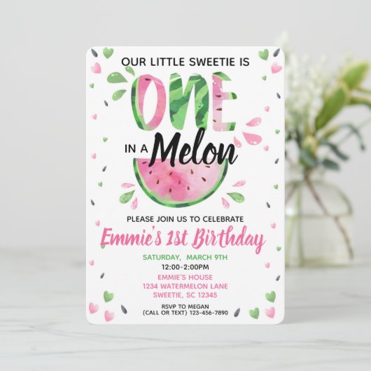 Een in een Melon Little Girl First Birthday Invite Kaart (Staand voorkant)