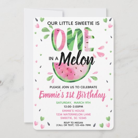 Een in een Melon Little Girl First Birthday Invite Kaart (Voorkant)