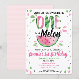 Een in een Melon Little Girl First Birthday Invite Kaart