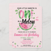 Een in een Melon Little Girl First Birthday Invite Kaart (Voorkant / Achterkant)