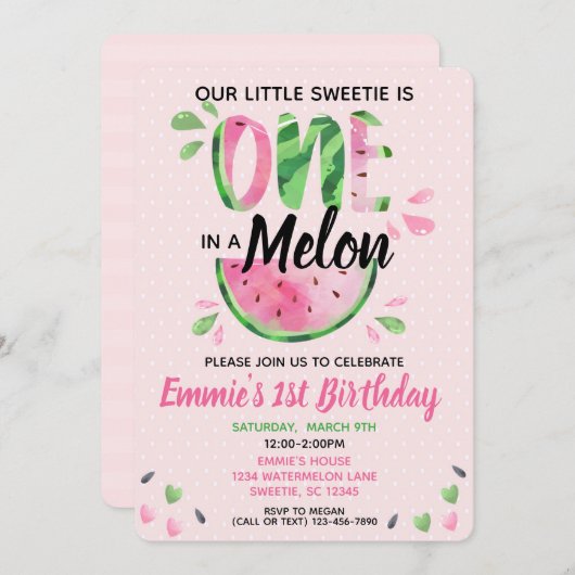 Een in een Melon Little Girl First Birthday Invite Kaart (Voorkant / Achterkant)