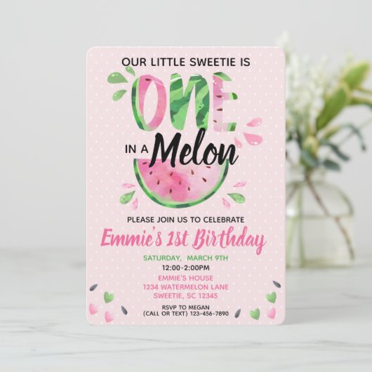 Een in een Melon Little Girl First Birthday Invite Kaart (Staand voorkant)