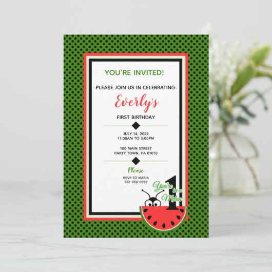 Eén in een Melon Picnic Ant First Birthday Kaart (Staand voorkant)