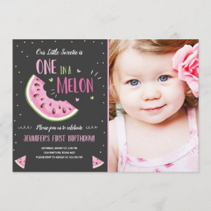 Eén in een Melon Pink Girl First Birthday Uitnodig Kaart