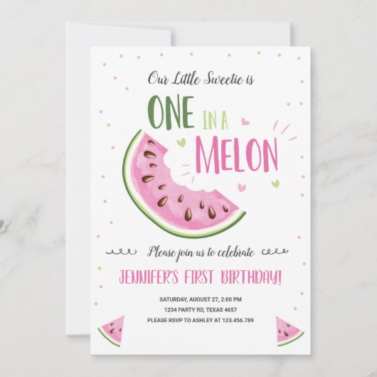 Eén in een Melon Pink Girl First Birthday Uitnodig Kaart (Voorkant)