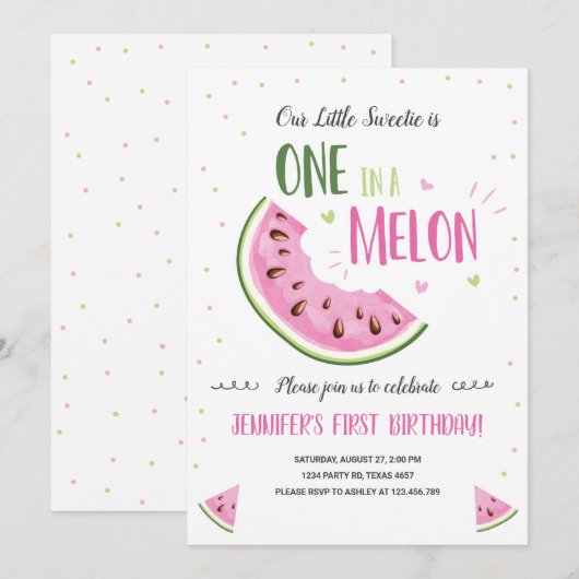 Eén in een Melon Pink Girl First Birthday Uitnodig Kaart (Voorkant / Achterkant)