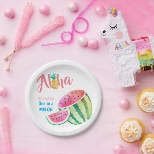 Eén in een Melon Tropical Watermelon Waterverf Roz Papieren Bordje (Feest)