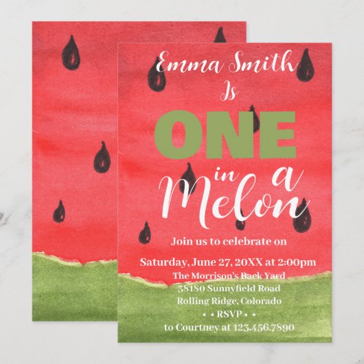 Eén in een Melon Watermeloen op de eerste verjaard Kaart (Voorkant / Achterkant)