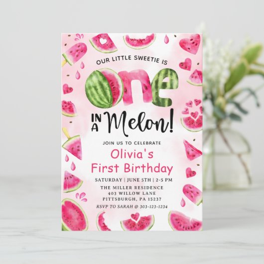 Eén in een Melon Watermeloen op de eerste verjaard Kaart (Staand voorkant)