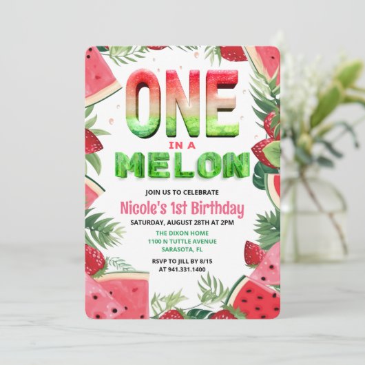 Eén in een Melon Watermelon 1e verjaardag Uitnodig Kaart (Staand voorkant)