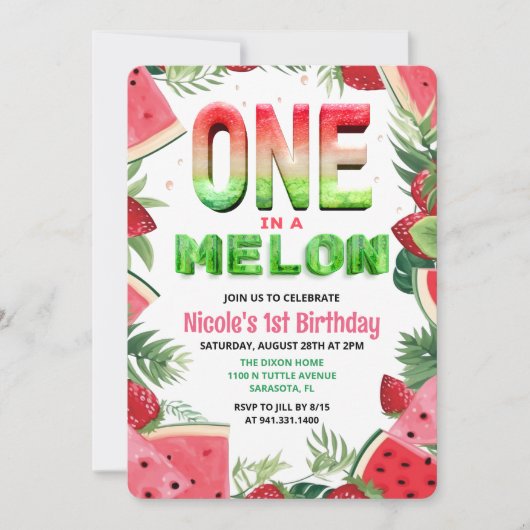 Eén in een Melon Watermelon 1e verjaardag Uitnodig Kaart (Voorkant)