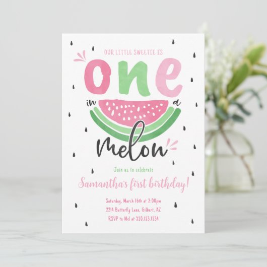 Eén in een Melon Watermelon 1e verjaardag Uitnodig Kaart (Staand voorkant)