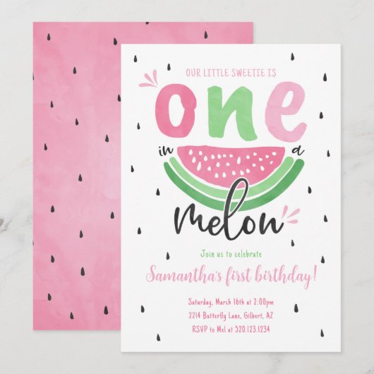 Eén in een Melon Watermelon 1e verjaardag Uitnodig Kaart (Voorkant / Achterkant)