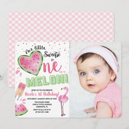 Eén in een Melon Watermelon 1e verjaardag Uitnodig Kaart (Voorkant / Achterkant)