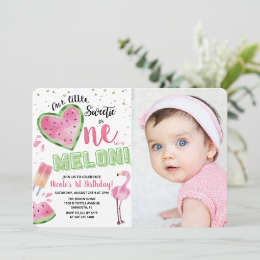 Eén in een Melon Watermelon 1e verjaardag Uitnodig Kaart (Staand voorkant)