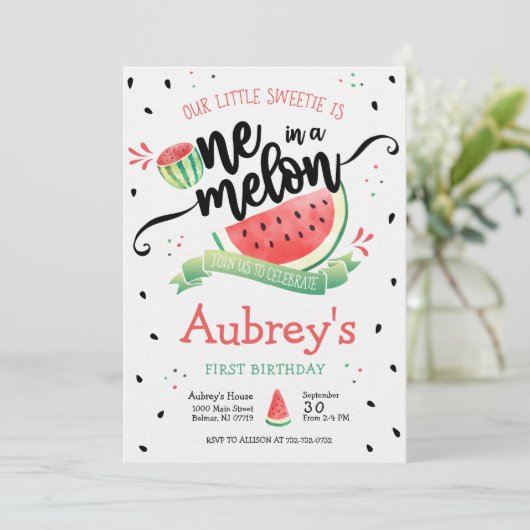 Eén in een Melon Watermelon 1e verjaardag Uitnodig Kaart (Staand voorkant)