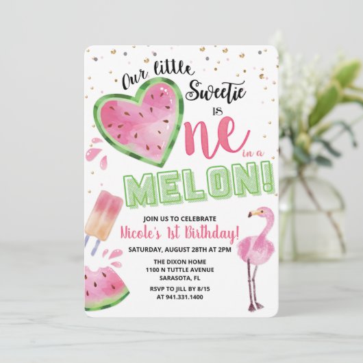 Eén in een Melon Watermelon 1e verjaardag Uitnodig Kaart (Staand voorkant)