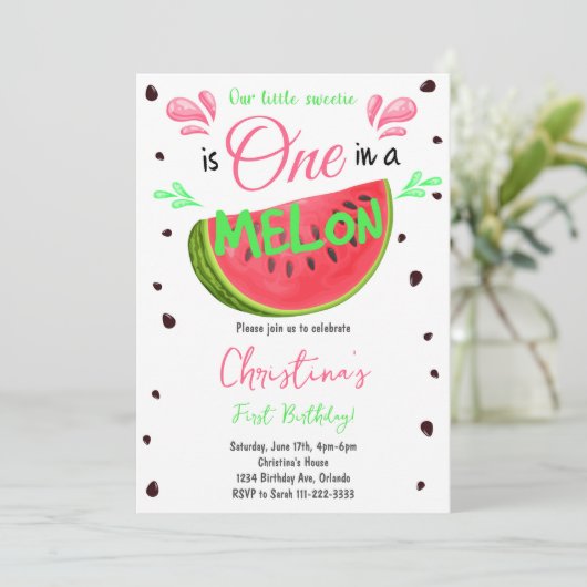 Eén in een Melon Watermelon 1e verjaardag Uitnodig Kaart (Staand voorkant)