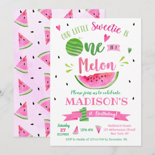 Eén in een Melon Watermelon Birthday-uitnodiging Kaart (Voorkant / Achterkant)