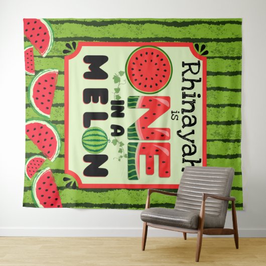 EÉN in een Melon Watermelon First Birthday Backdro Wandkleed (In Situ (horizontaal))