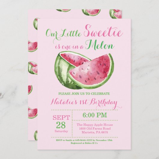 Eén in een Melon Watermelon First Birthday Invite Kaart (Voorkant / Achterkant)