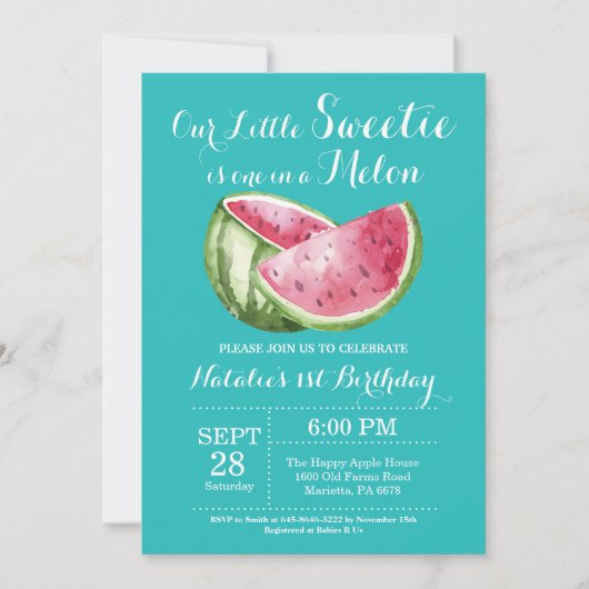 Eén in een Melon Watermelon First Birthday Invite Kaart (Voorkant)