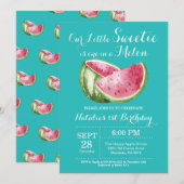 Eén in een Melon Watermelon First Birthday Invite Kaart (Voorkant / Achterkant)