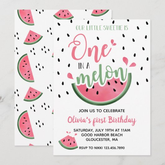 Eén in een Melon Watermelon First Birthday Kaart (Voorkant / Achterkant)