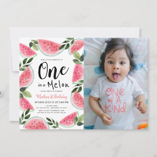 Eén in een Melon Waterverf 1e verjaardag Foto Kaart (Voorkant)
