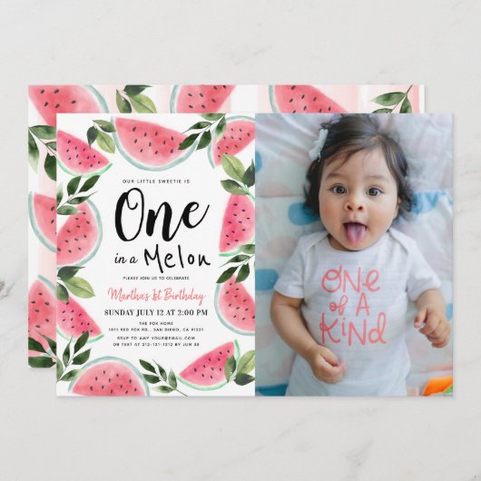 Eén in een Melon Waterverf 1e verjaardag Foto Kaart (Voorkant / Achterkant)