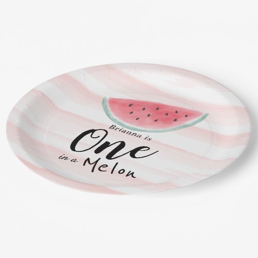 Eén in een Melon Waterverf Watermeloen Stripe Papieren Bordje (Gekanteld)