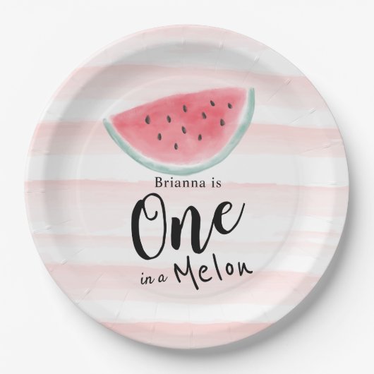 Eén in een Melon Waterverf Watermeloen Stripe Papieren Bordje (Voorkant)