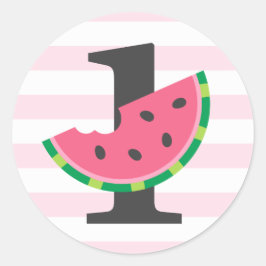 Eén in een watermeloen-feestfavor voor 1e verjaard ronde sticker