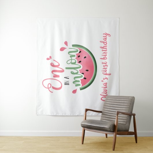 Eén in een watermeloen waterverf 1e verjaardag  wandkleed (In situ)