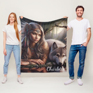 Een Indiaan en een wolf die rusten bij het water Fleece Deken
