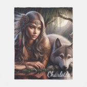 Een Indiaan en een wolf die rusten bij het water Fleece Deken (Voorkant)