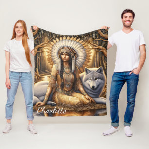 Een Indiaanse vrouw deelt een band met een wolf Fleece Deken