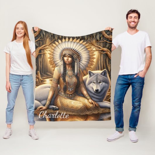 Een Indiaanse vrouw deelt een band met een wolf Fleece Deken (In situ)