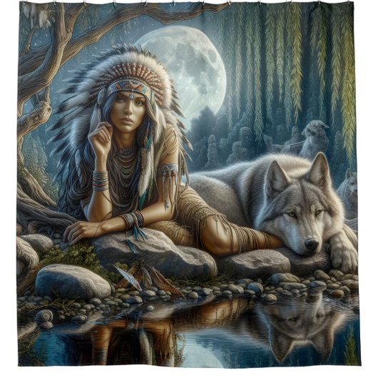 Een Indiaanse vrouw en haar trouwe wolf metgezel Douchegordijn (Voorkant)