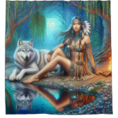 Een Indiaanse vrouw en haar trouwe wolf metgezel Douchegordijn (Voorkant)