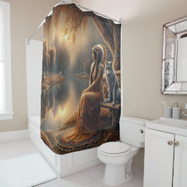 Een Indiaanse vrouw en haar trouwe wolf metgezel Douchegordijn