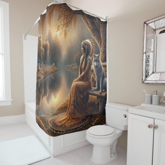 Een Indiaanse vrouw en haar trouwe wolf metgezel Douchegordijn (In situ)